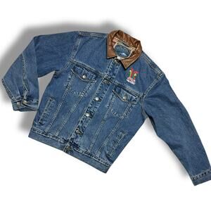 Vintage 90s Upstream Denim Jean Jacket Leather Collar Kelloggs Corn Flakes Sz M